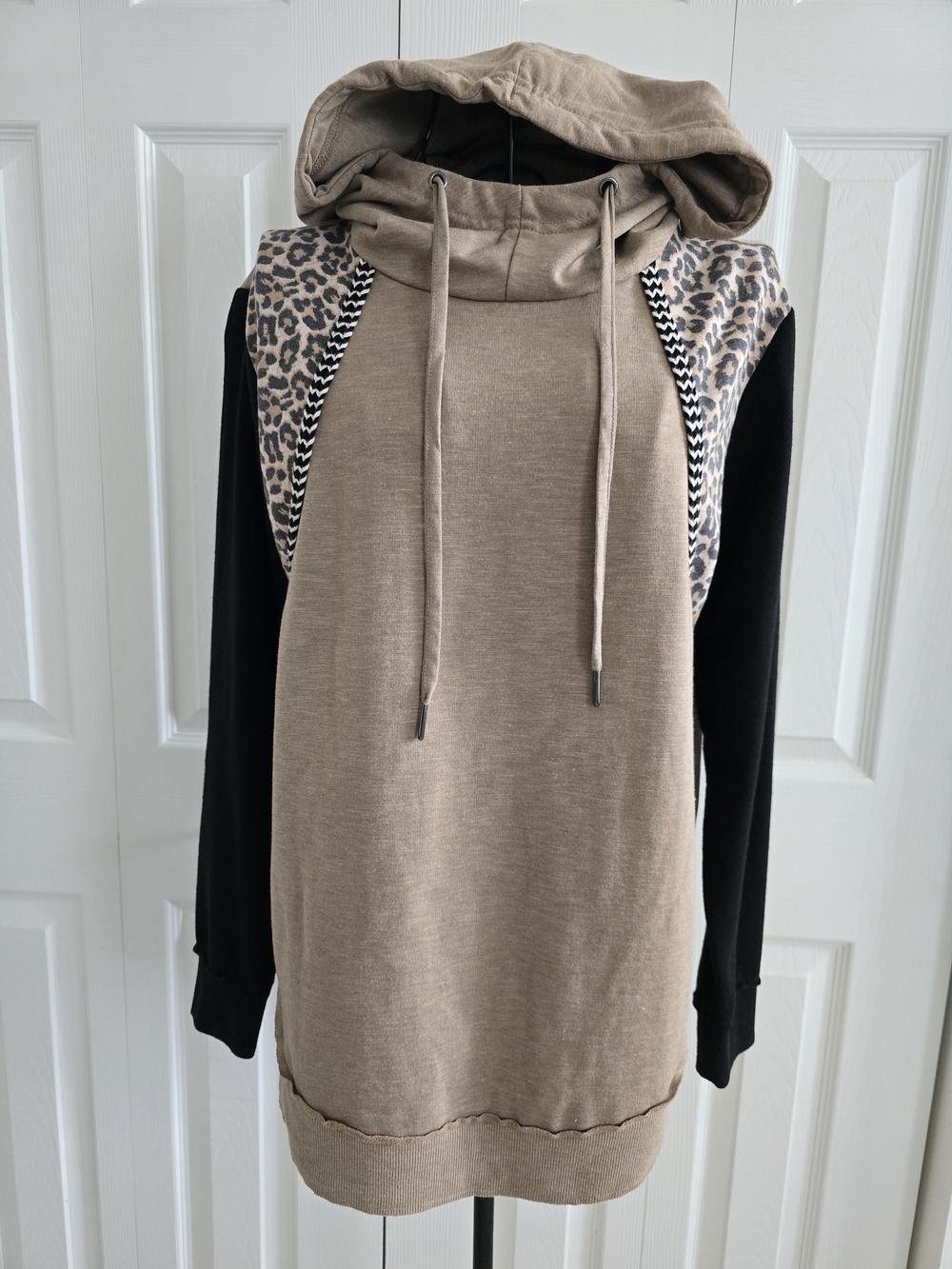 Maurices Taupe Hoodie with Black Sleeves and Leopard Trim
